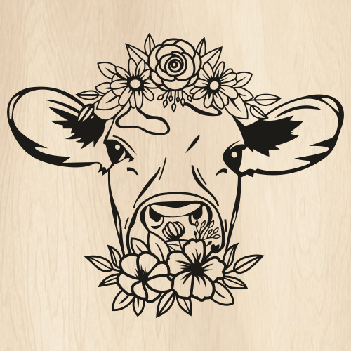 Cow With Flowers Head SVG Cow With Crown PNG Cow Head With Flower Crown Vector File PNG