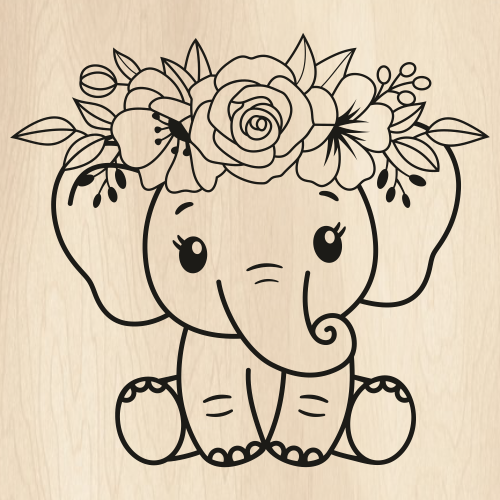 Baby Elephant With Flower Crown Svg