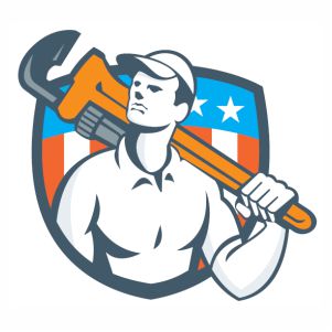 Plumber Holding Wrench USA Flag Shield vector file